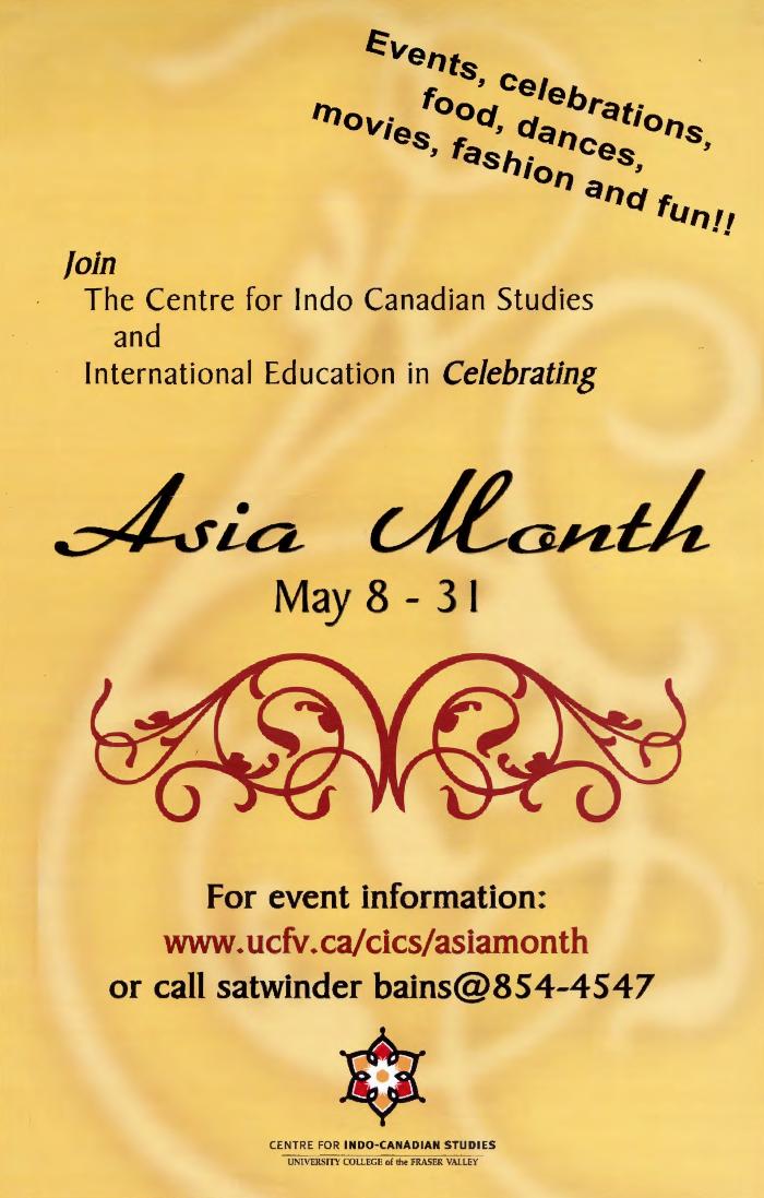 [Poster titled, Join the center for Indo Canadian studies and international education celebrating Asia month]
