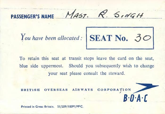 [Passenger Card for Mast. R. Singh issued by the British Overseas Airways Corporation]