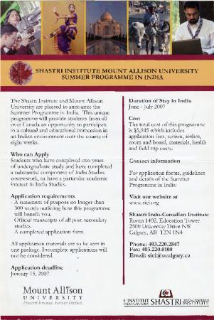 [Poster titled, Shastri Institute Mount Allison University summer program In India]