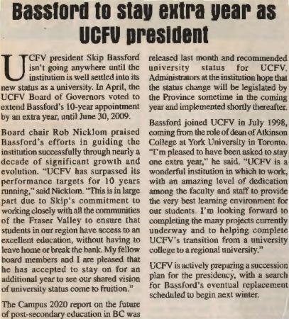 [Newspaper clipping titled, Bassford to stay extra year as UCFV president]