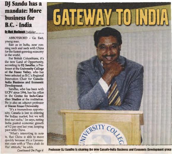 [Newspaper clipping titled: DJ Sandu has a mandate: more business for BC-India]