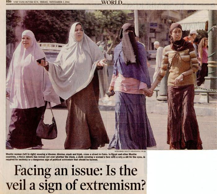 [Newspaper clipping titled, Facing an issue: Is the veil a sign of extremism?]
