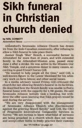 [Newspaper clipping titled, Sikh funeral in Christian church denied]