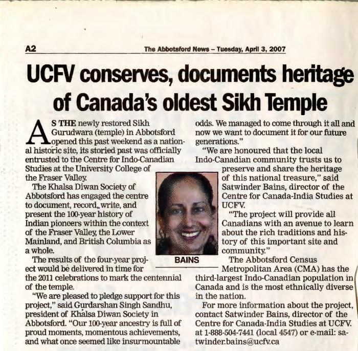 [Newspaper article titled, UCFV conserves, documents heritage of Canada's oldest Sikh temple]