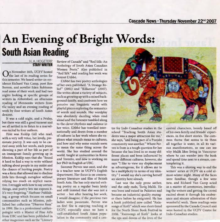 [Newspaper article titled, An evening of bright words: South Asian reading]