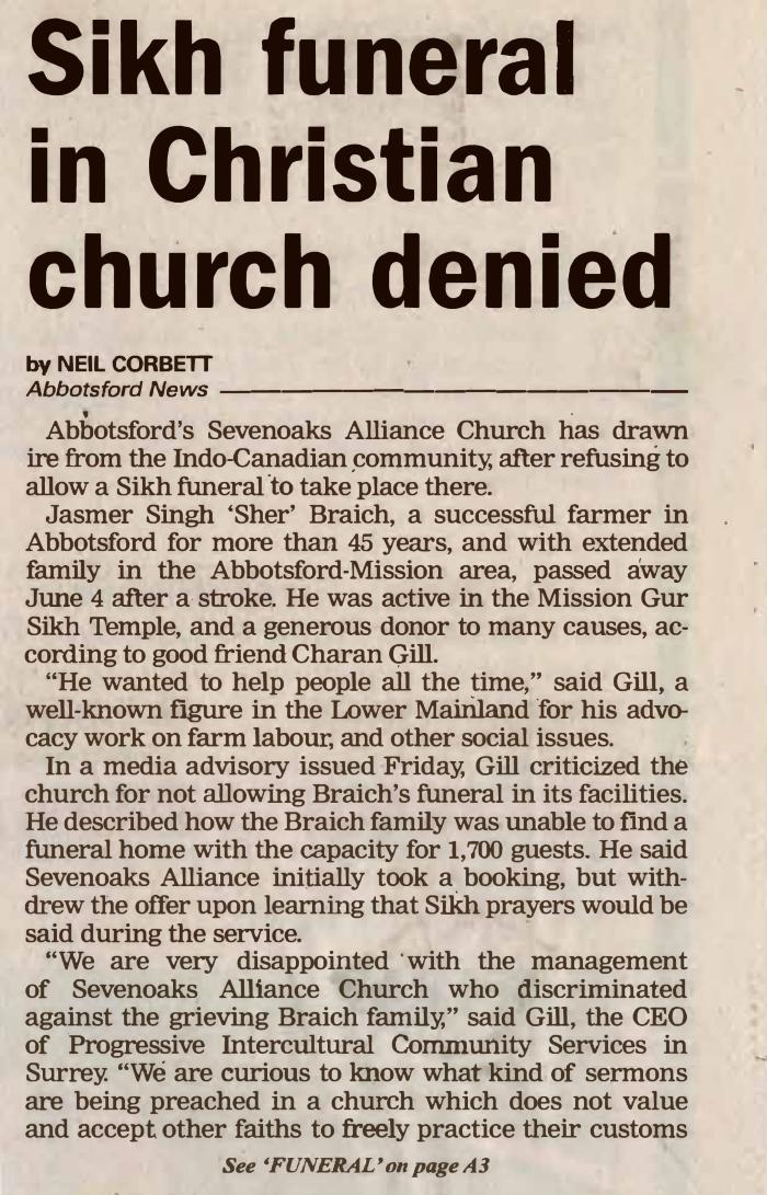 [Newspaper clipping titled, Sikh funeral in Christian church denied]