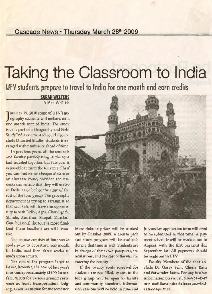 [Newspaper clipping titled, Taking the classroom to India]