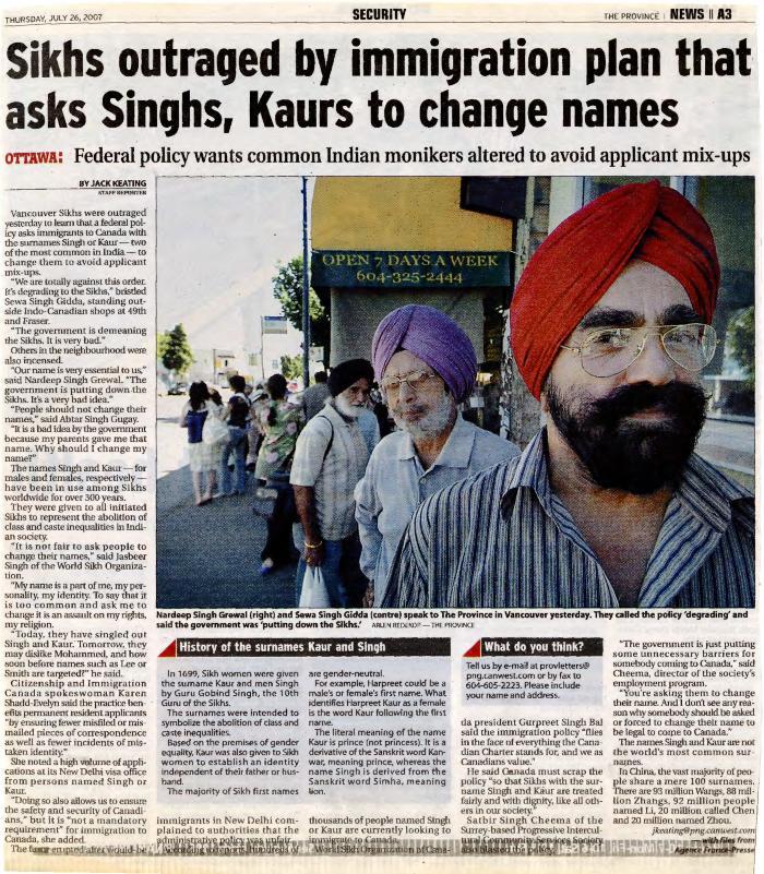 [Newspaper clipping titled, Sikhs outraged by immigration plan that asks Singhs, Kaurs to change names]