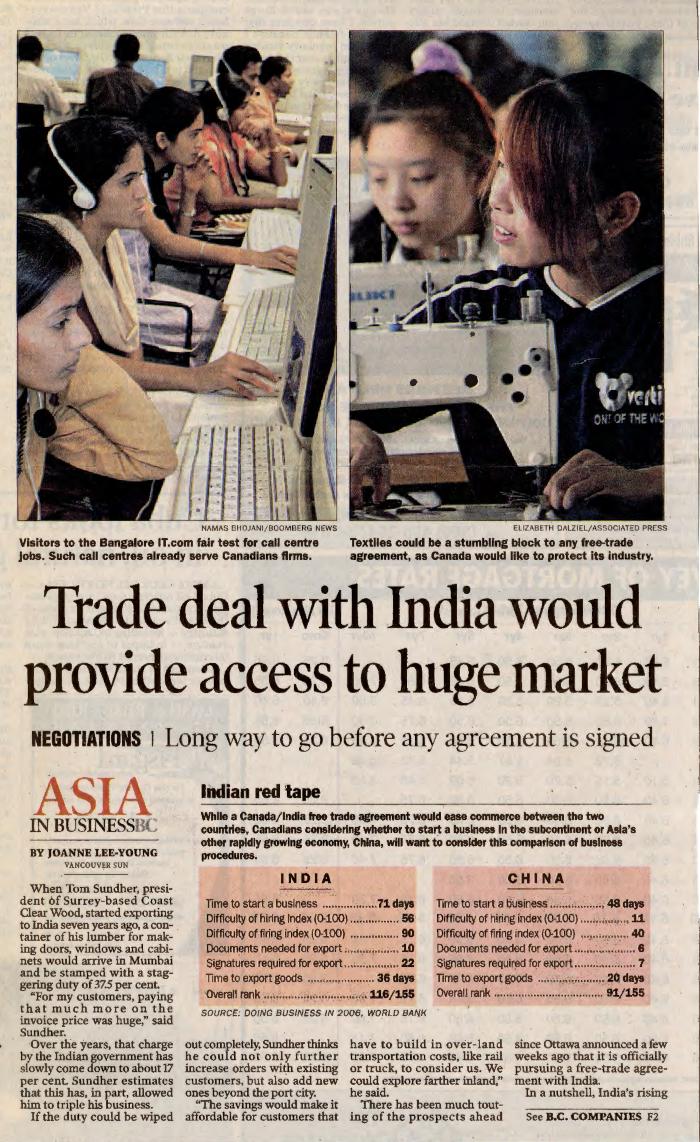 [Newspaper clipping titled, Trade deal with India would provide access to huge market]