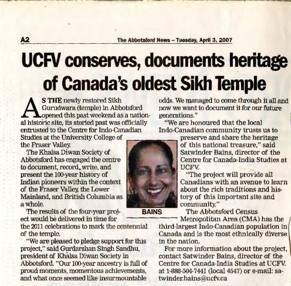 [Newspaper article titled, UCFV conserves, documents heritage of Canada's oldest Sikh temple]