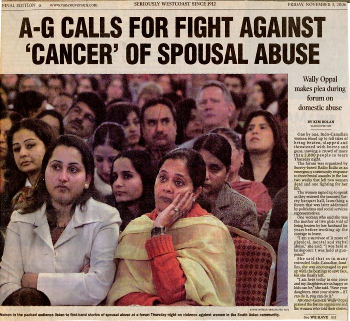 [Newspaper clipping titled, A-G calls for fight against 'cancer' of spousal abuse]