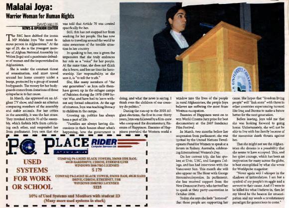 [Newspaper article titled, Malalai Joya: warrior woman for human rights]