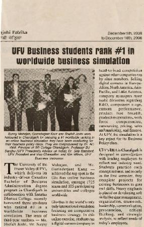 [Newspaper clipping titled, UFV business students rank #1 in worldwide business simulation]