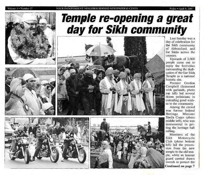 [Newspaper article titled, Temple re-opening a great day for Sikh community]