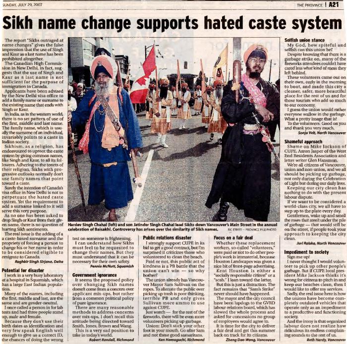 [Newspaper clipping titled, Sikh name change supports hated caste system]
