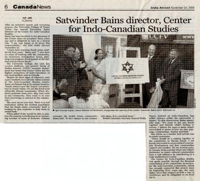 [Newspaper clipping titled, Satwinder Bains director, Center for Indo-Canadian Studies]