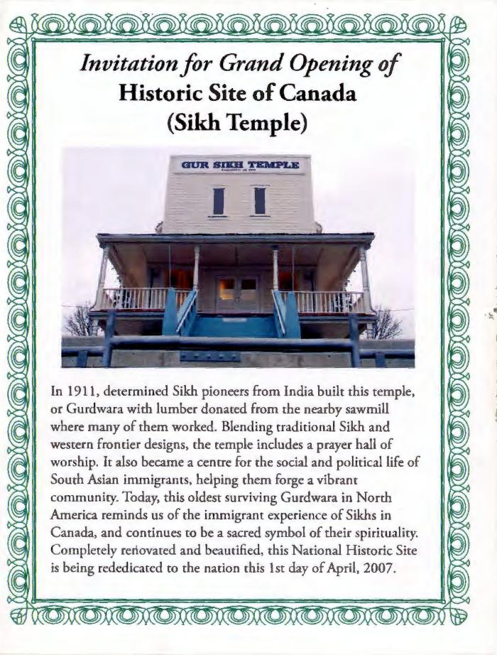 [Invitation for grand opening of historic site of Canada (Sikh temple)]