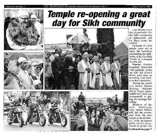 [Newspaper article titled, Temple re-opening a great day for Sikh community]