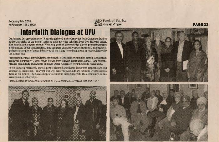 [Newspaper clipping titled, Interfaith dialogue at UFV]
