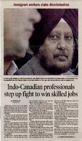 [Newspaper clipping titled, Indo-Canadian professionals step up fight to win skilled jobs]