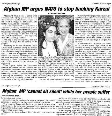 [Newspaper article titled, Afghan MP urges Nato to stop backing Karzai]