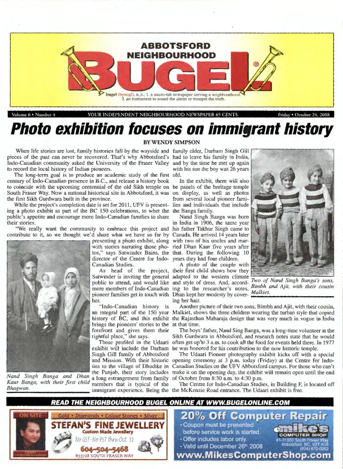 [Newspaper clipping titled, Photo exhibition focuses on immigrant history]