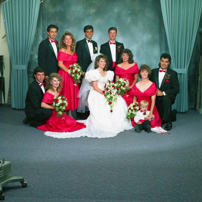 [Photo of Mal Gill and Leanne Neitch with their bridesmaids and groomsmen]