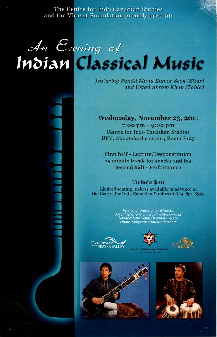 [Poster for "An evening Indian classical music" featuring Pandit Manu Kumar Seen and Ustad Akram Khan]