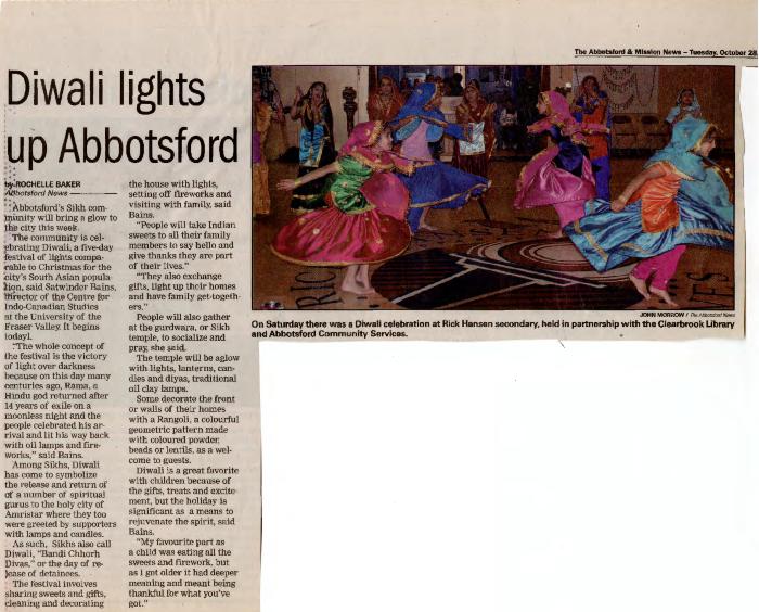 [Newspaper clipping titled, Diwali lights up Abbotsford]
