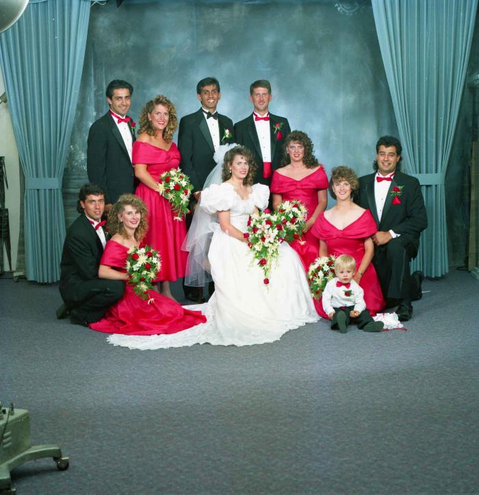[Photo of Mal Gill and Leanne Neitch with their bridesmaids and groomsmen]