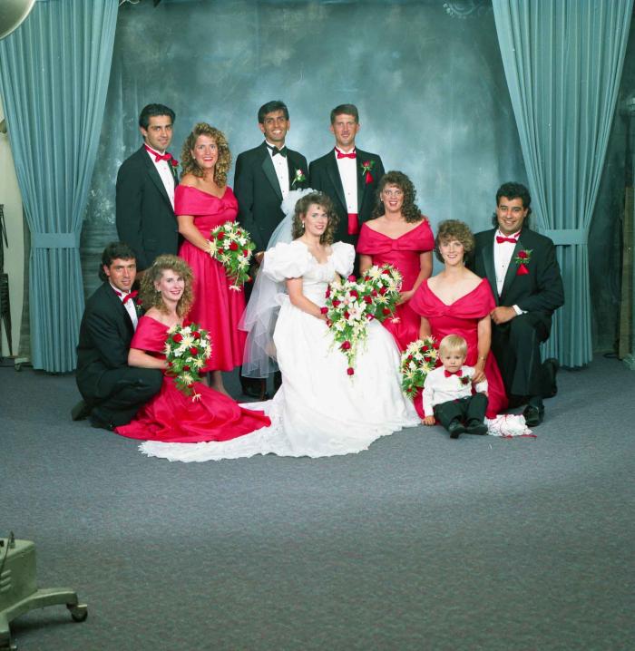 [Photo of Mal Gill and Leanne Neitch with their bridesmaids and groomsmen]