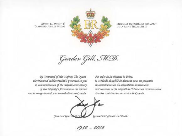 [Queen Elizabeth's Diamond Jubilee Medal certificate awarded to Dr. Gurdev Singh Gill]