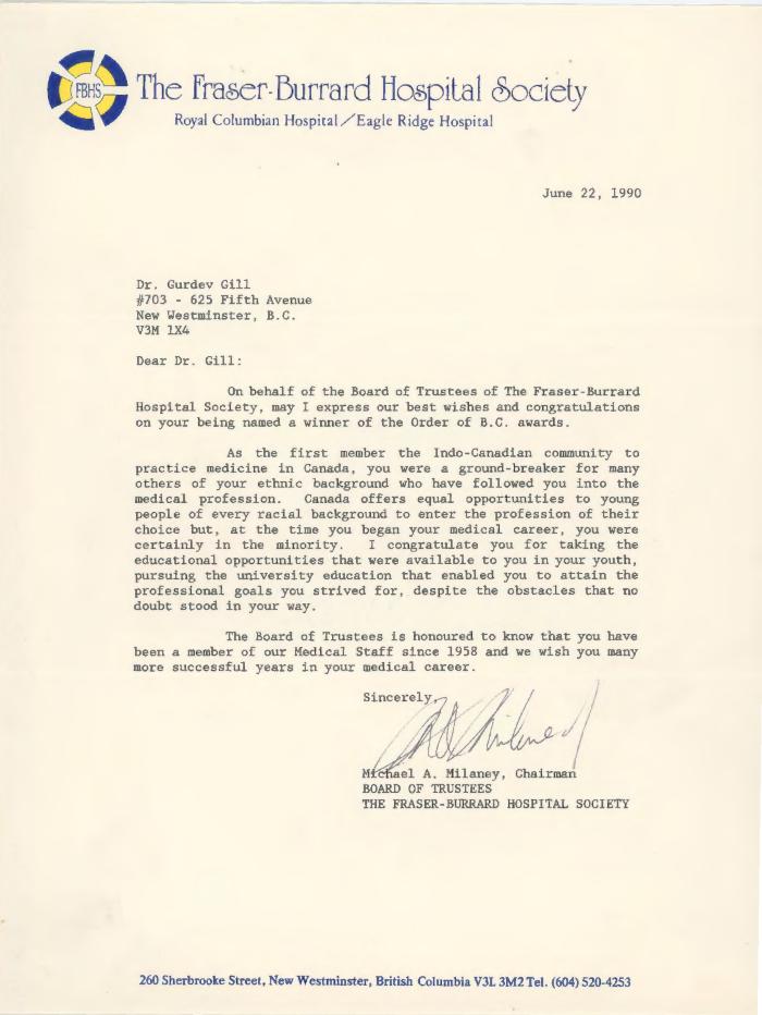 [Letter from Michael A. Milaney to Dr. Gurdev Singh Gill]