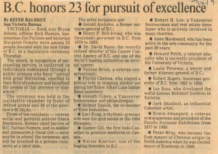 Newspaper article titled, "B.C. honors 23 for pursuit of excellence"