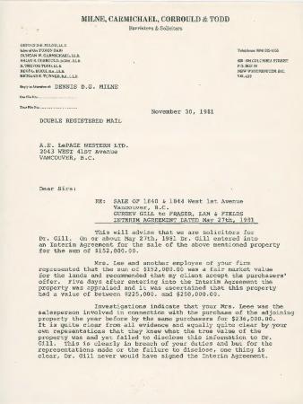 [Letter from Milne, Carmichael, Corbould & Todd Barristers & Solicitors to A. E. LePage Western Ltd.]