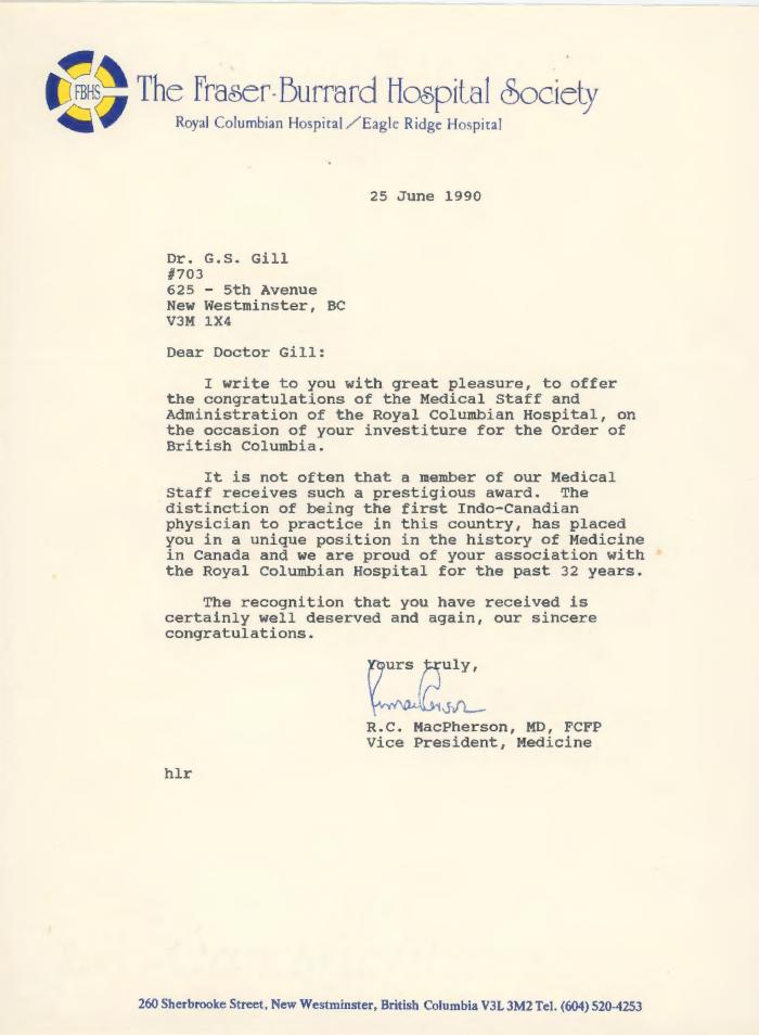 [Letter from R. C. MacPherson to Dr. Gurdev Singh Gill]