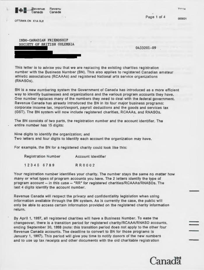 [Letter from Revenue Canada to Indo-Canadian Friendship Society of British Columbia]