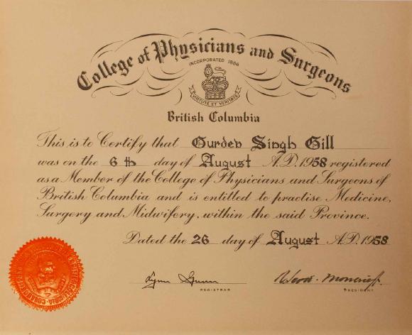 [College of physicians and surgeons membership certificate awarded to Dr. Gurdev Singh Gill]