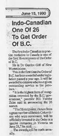 Newspaper clipping titled, Indo-Canadian one of 26 to get Order of B.C