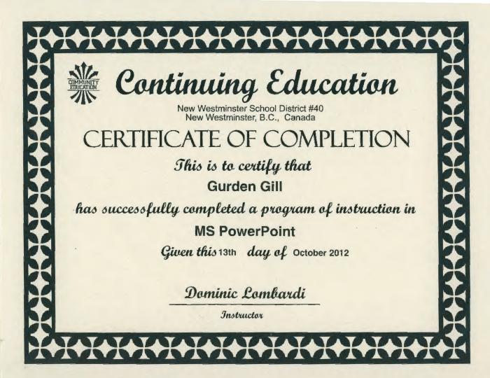 [Certificate of completion of MS PowerPoint awarded to Dr. Gurdev Singh Gill]