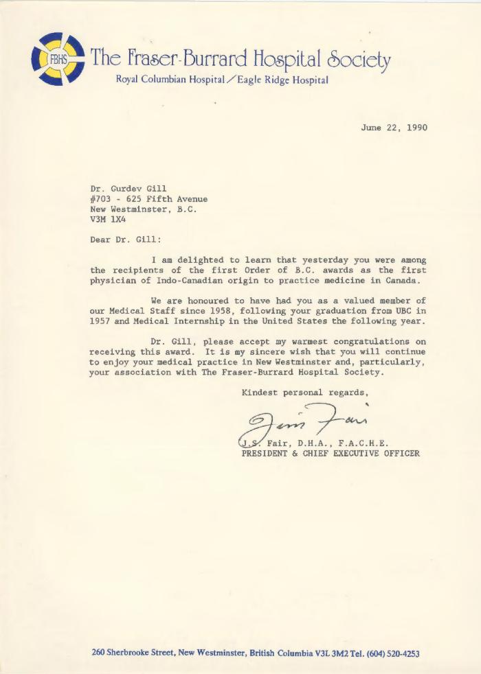 [Letter from J. S. Fair to Dr. Gurdev Singh Gill]