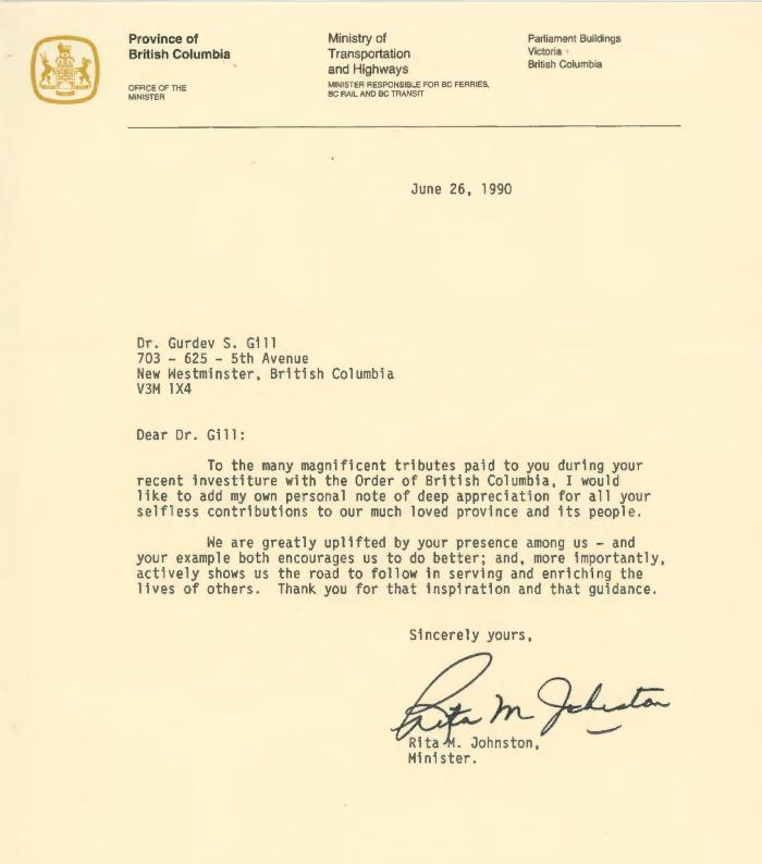 [Letter from Minister Rita M. Johnston to Dr. Gurdev Singh Gill]