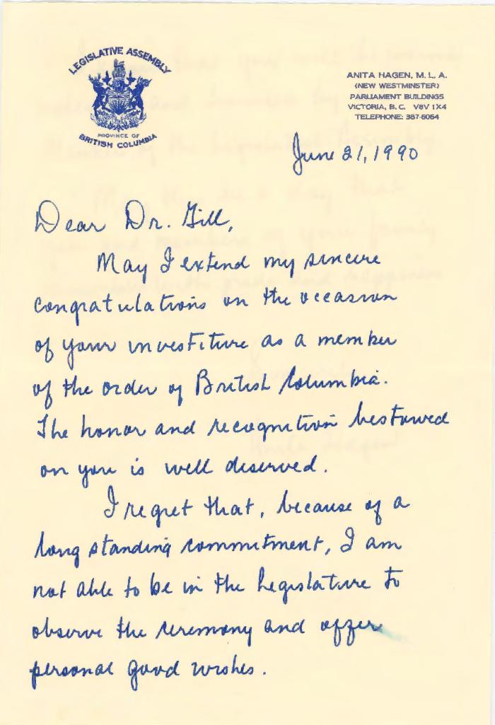 [Letter from Anita Hagen to Dr. Gurdev Singh Gill]