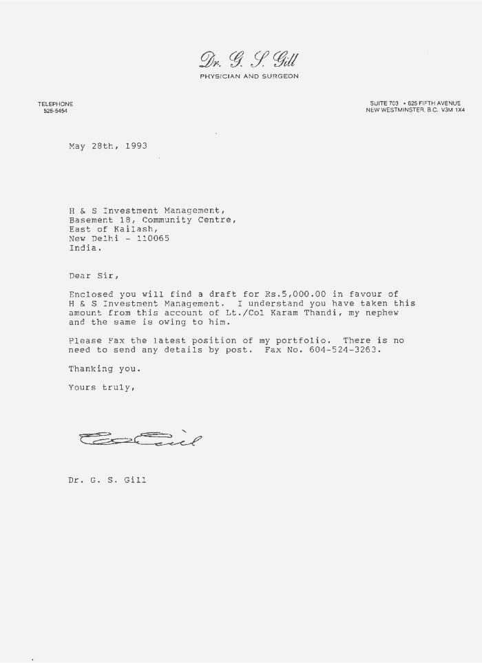 [Letter from Dr. Gurdev Singh Gill to H & S Investment Management]