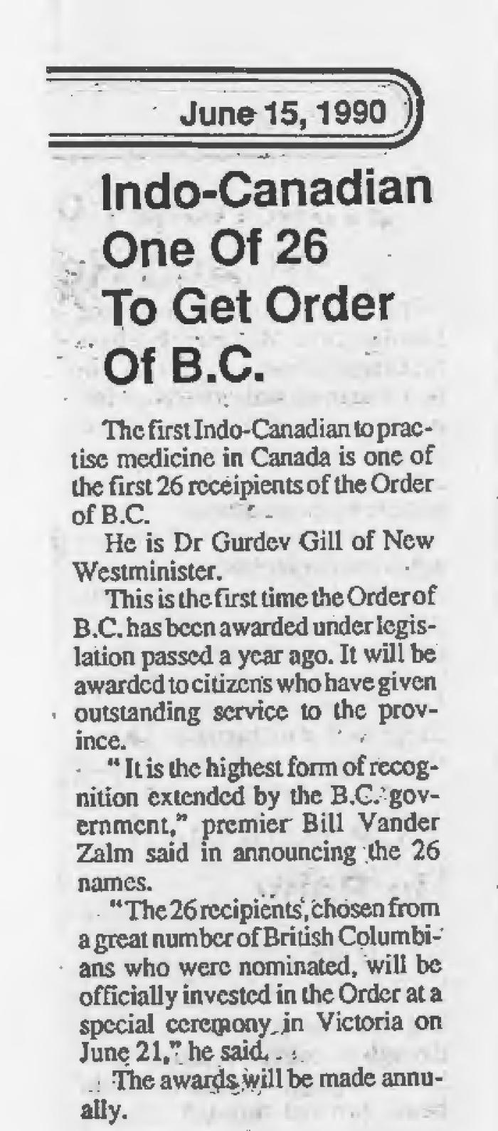 Newspaper clipping titled, Indo-Canadian one of 26 to get Order of B.C