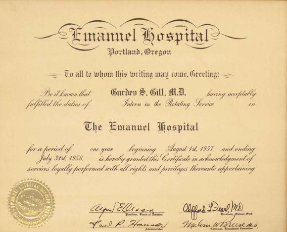 [Certificate acknowledging services completed at Emanuel Hospital awarded to Dr. Gurdev Singh Gill]