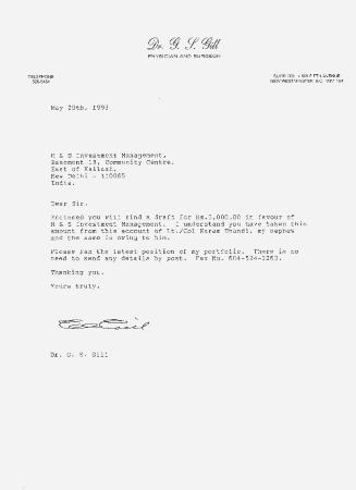 [Letter from Dr. Gurdev Singh Gill to H & S Investment Management]