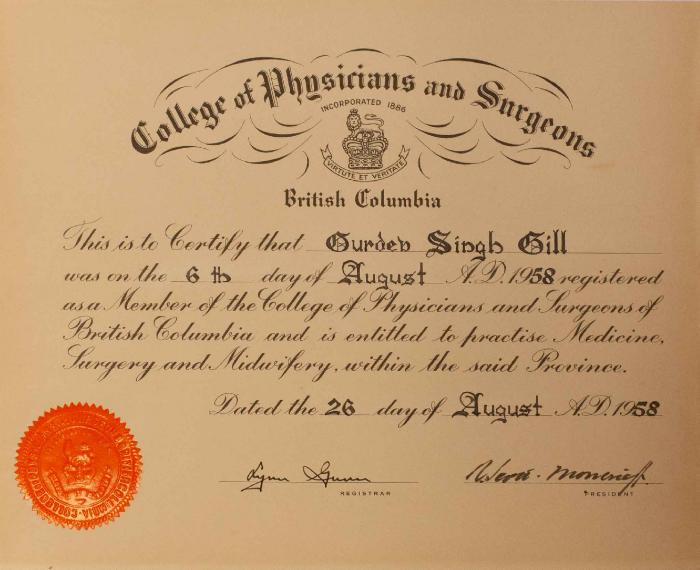 [College of physicians and surgeons membership certificate awarded to Dr. Gurdev Singh Gill]
