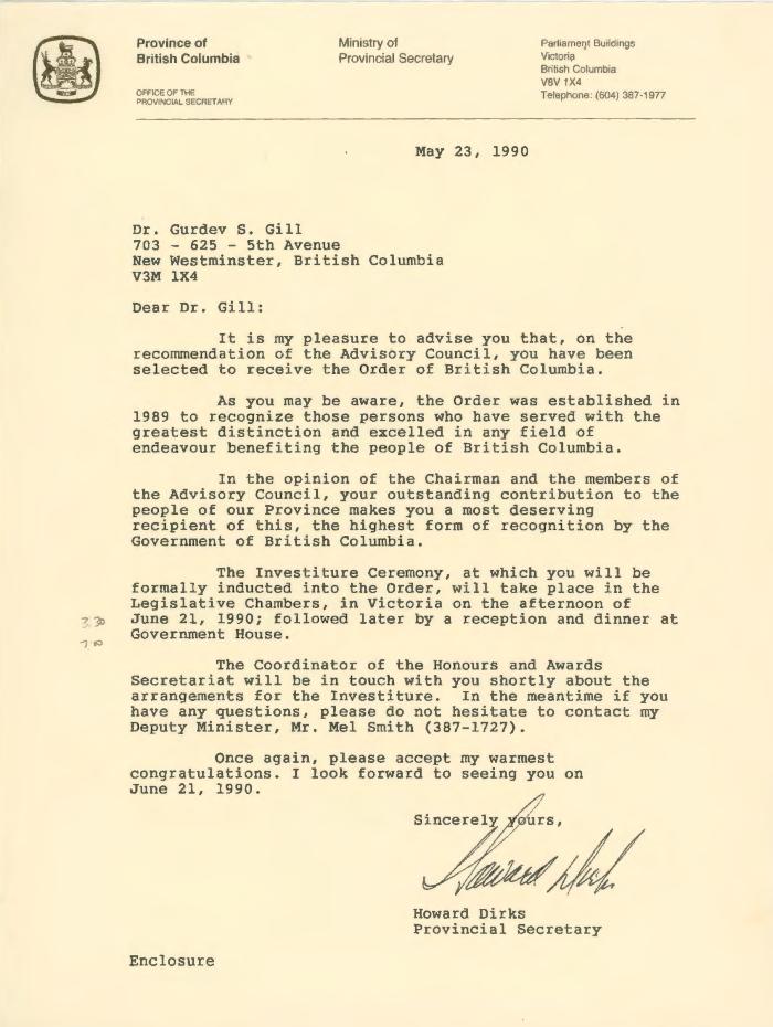 [Letter from Provincial Secretary Howard Dirks to Dr. Gurdev Singh Gill]