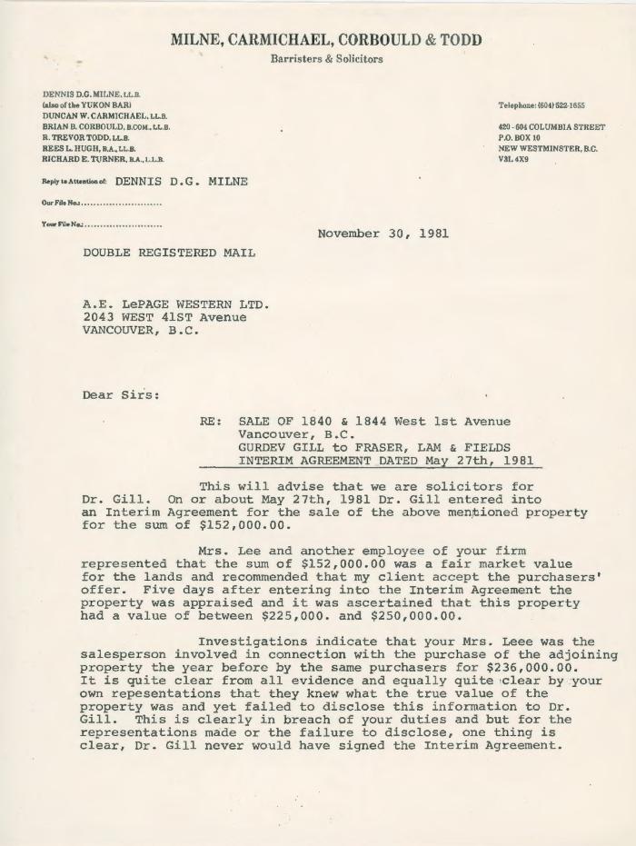 [Letter from Milne, Carmichael, Corbould & Todd Barristers & Solicitors to A. E. LePage Western Ltd.]